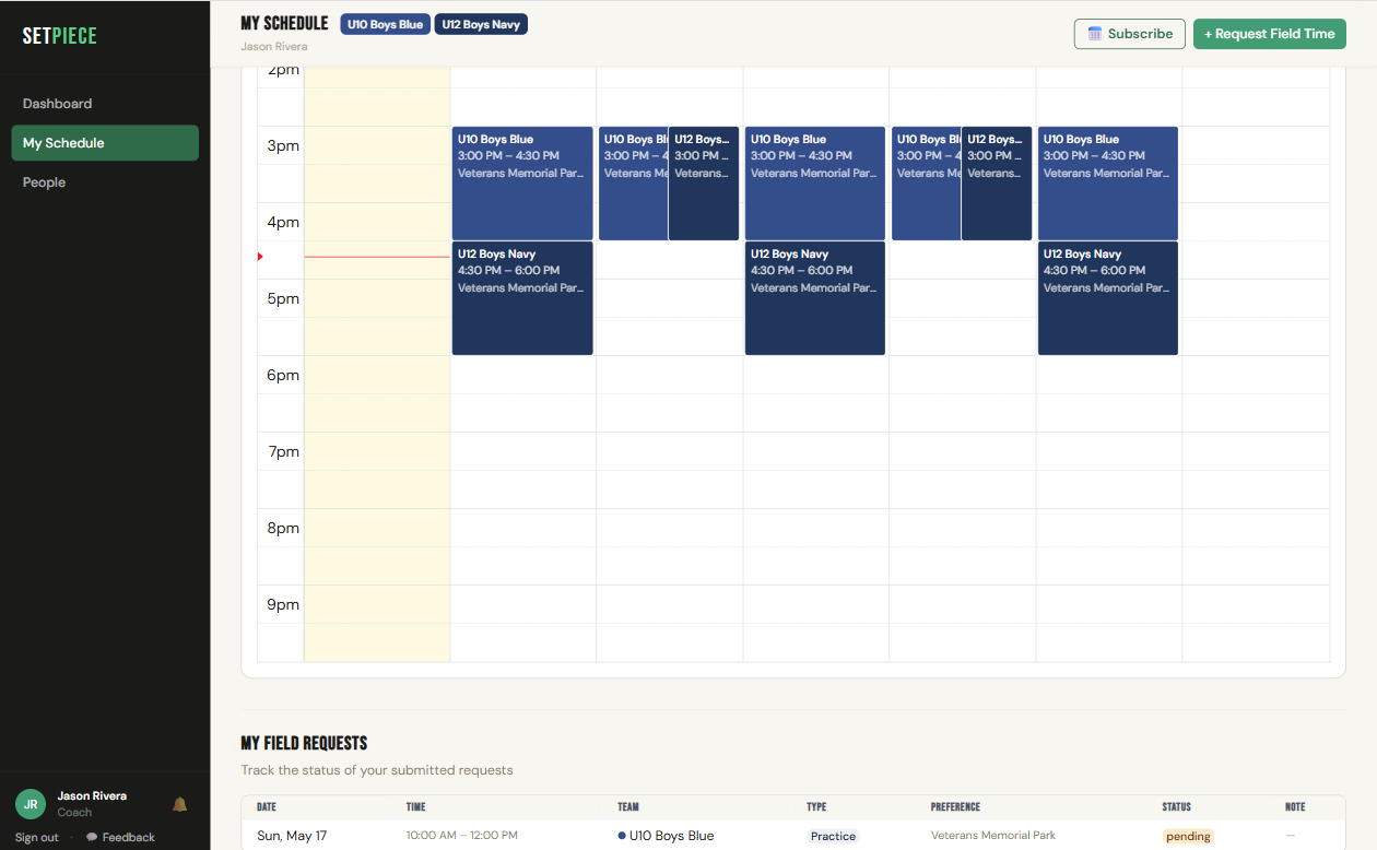 SetPiece coach schedule view with FullCalendar week grid