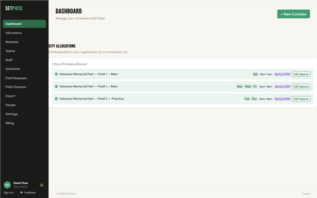 SetPiece dashboard with organization overview