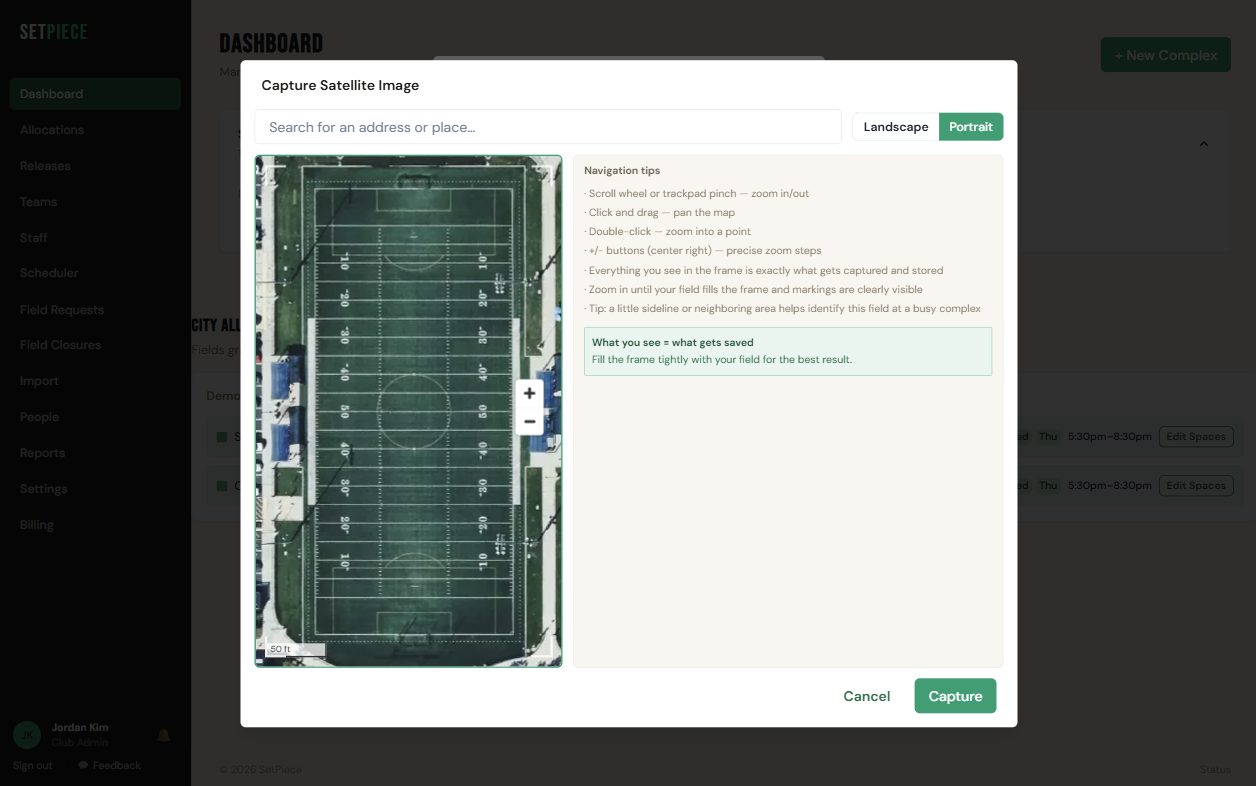 SetPiece satellite capture modal — frame your field on a live satellite map