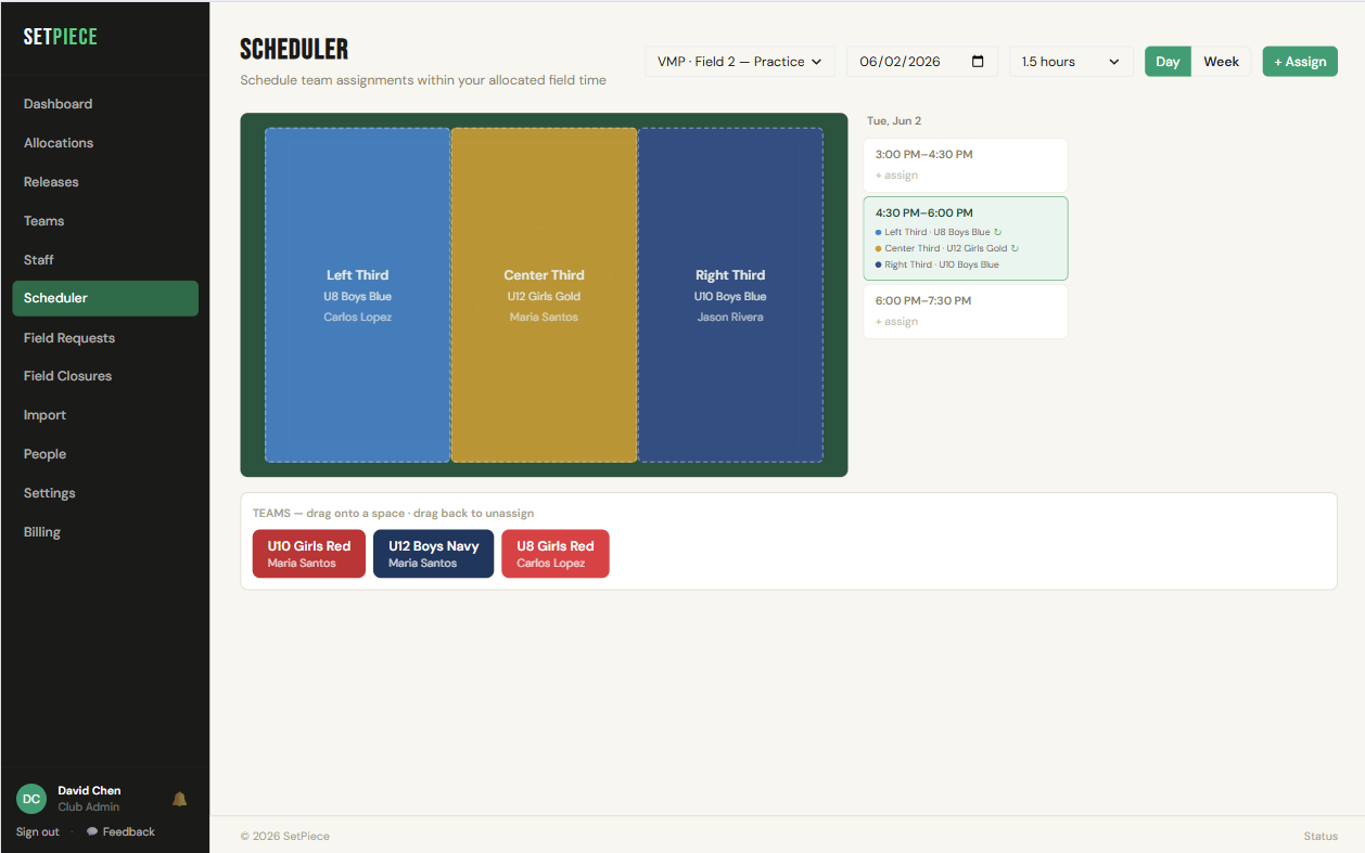 SetPiece day view scheduler — drag teams onto field spaces